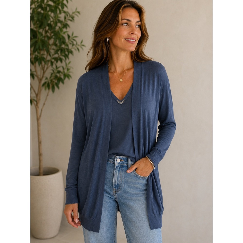 Brunello Cucinelli Cashmere Silk Open Front Cardigan Blue Made in Italy Sz L XL